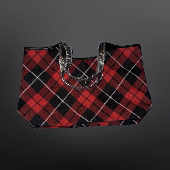 NWT Victoria's Secret Red and Black Plaid Tote Large Bag VS Plush Logo - Picture 3 of 6
